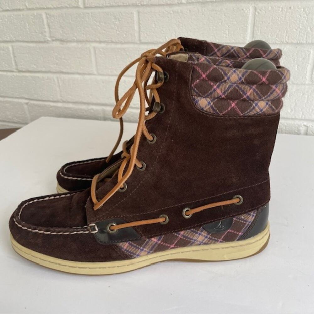 Sperry Top-Sider Shearwater Brown Suede Plaid Duck Boots Women's Size 8 Preppy - Picture 5 of 9